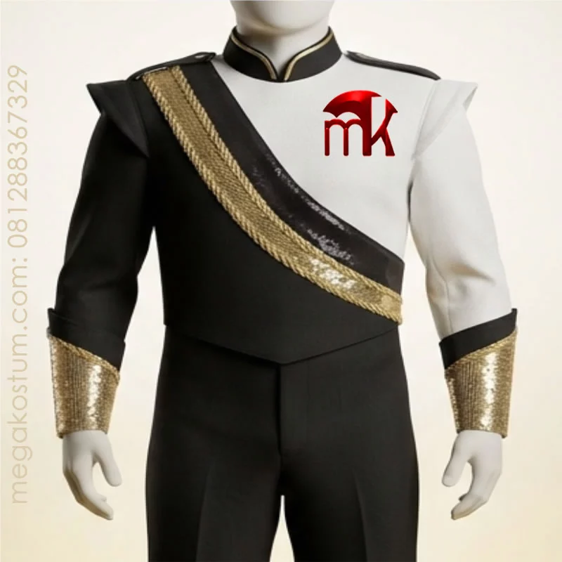 kostum-drumband-hitam-putih-selempang-emas