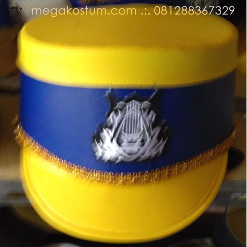 topi-marching-band-kuning-biru-logo-bordir