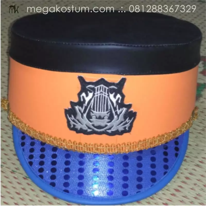 topi-mayoret-marching-band-oranye-hitam-logo-lira